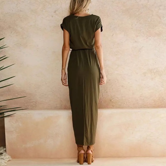 ✨Slinky Olive Dress, Wrap-Look, Left Leg Slit - Picture 7 of 11